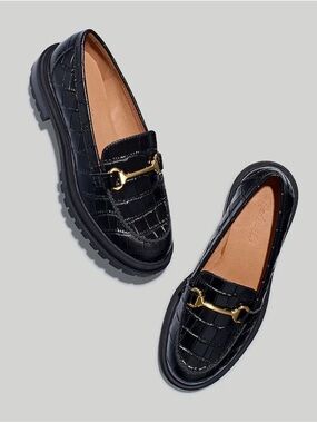 Madewell Black Croc-Embossed Leather Loafers with Gold Bit